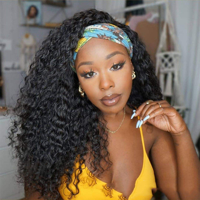 Perruque turban de cheveux humains longs et bouclés de couleur naturelle