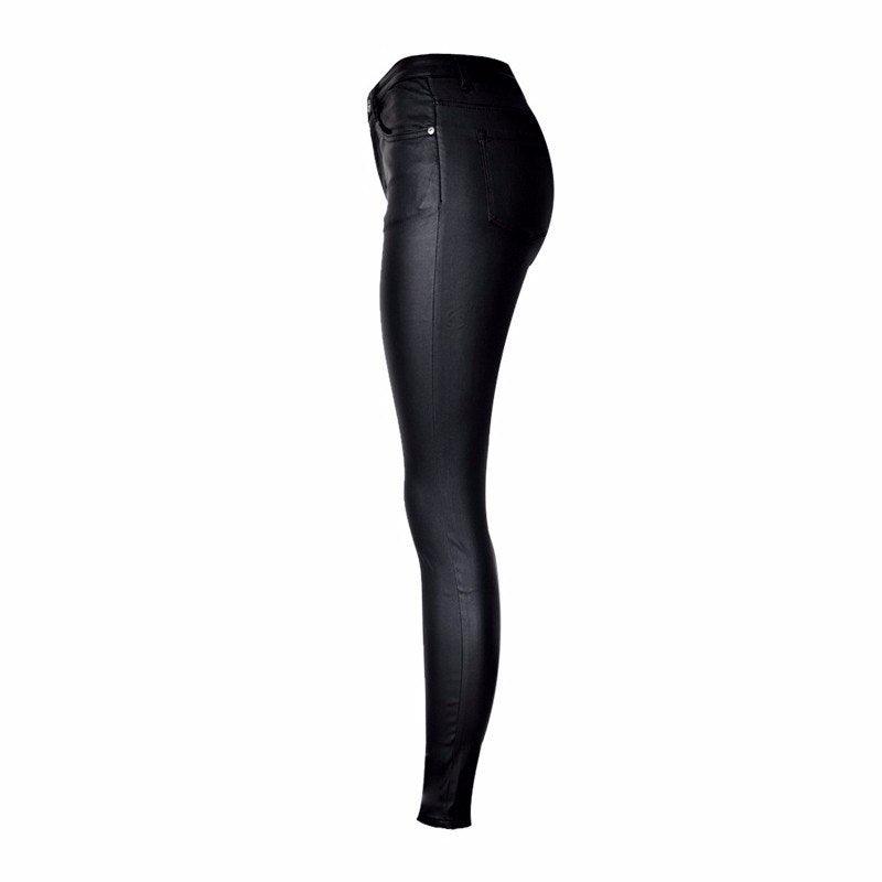 High waist slim stretch coated faux leather pants or trousers - JWHL FASHION