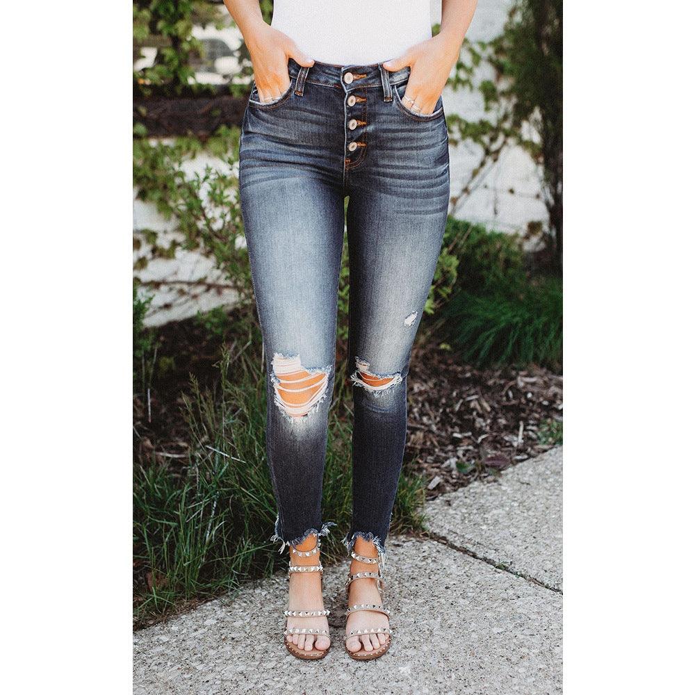 New Women's High-elastic Ripped Button Slim-fitting Mid-waist Jeans - JWHL FASHION