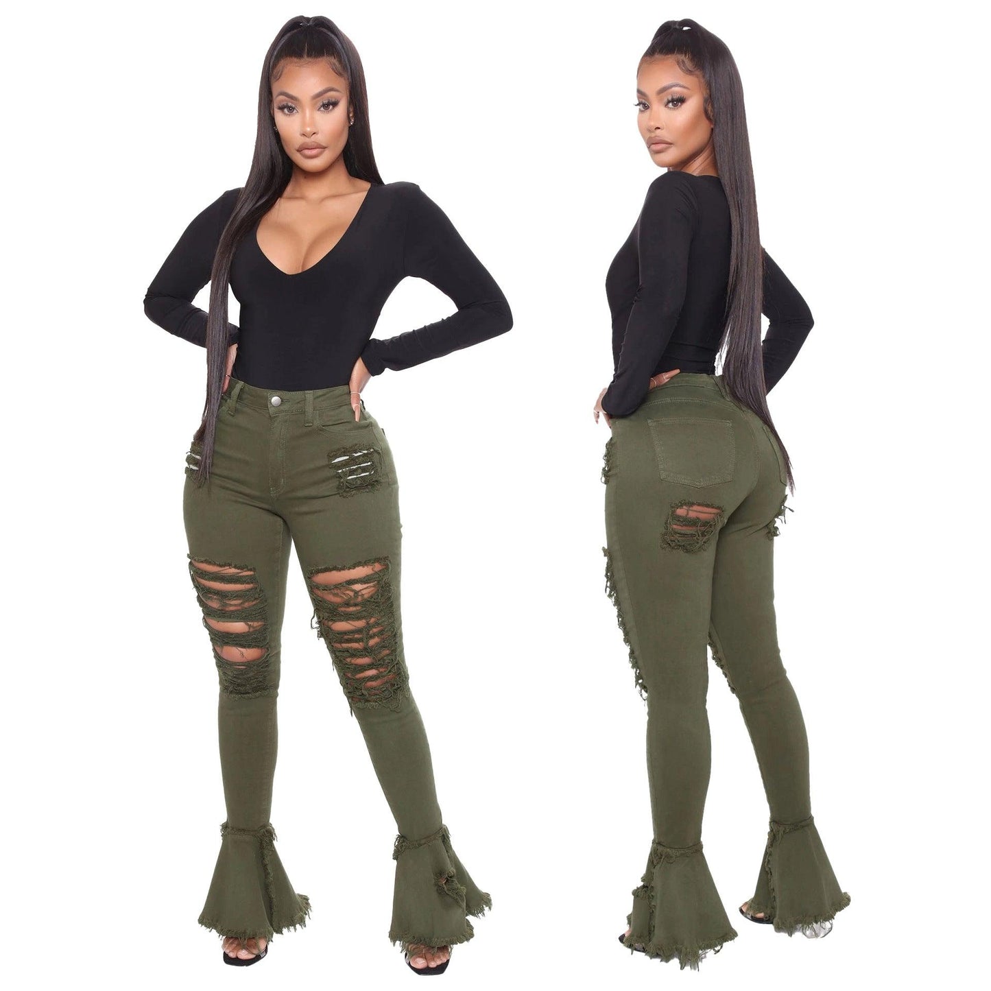 Washed Hole Stitching Micro Flared Pants - JWHL FASHION