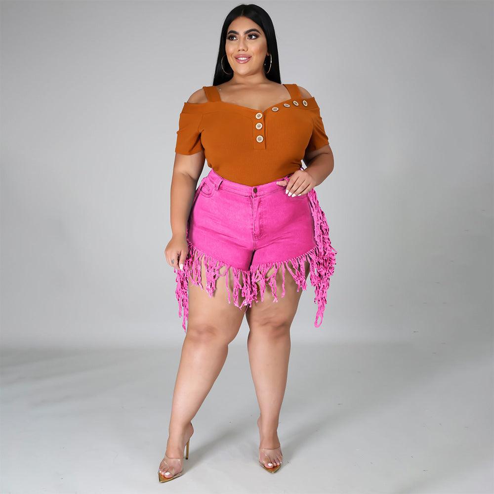 Ripped Fringed Brushed Denim Shorts Plus Size Women'S Casual Straight-Leg Pants - JWHL FASHION