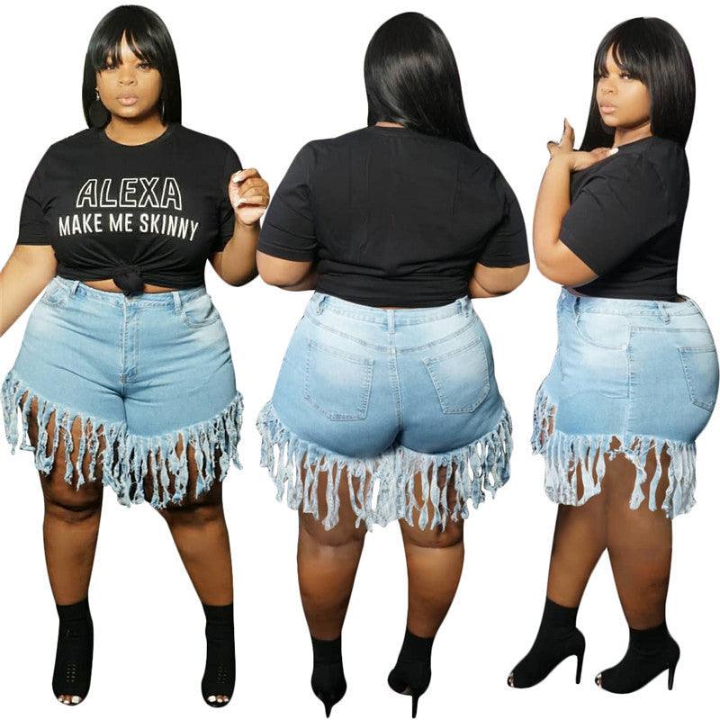 Fashion Sexy Bag Hip Tassel Plus Size Denim Straight Shorts - JWHL FASHION
