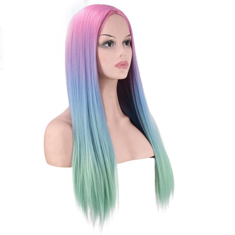 Mid-Section Dyed Wig, Gradient Long Straight Hair Synthetic Wig - JWHL FASHION