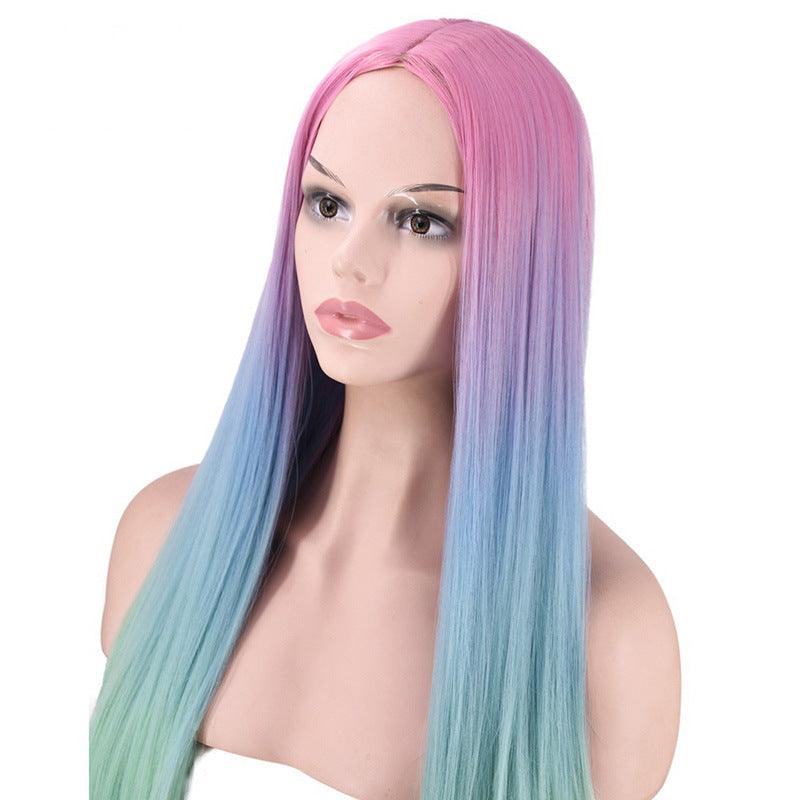 Mid-Section Dyed Wig, Gradient Long Straight Hair Synthetic Wig - JWHL FASHION