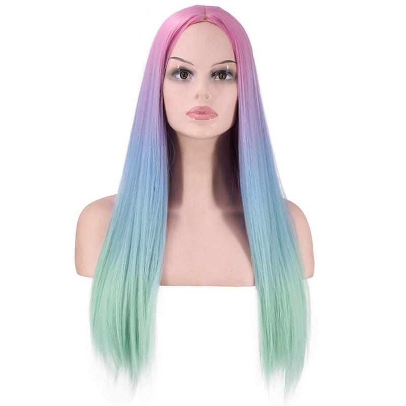 Mid-Section Dyed Wig, Gradient Long Straight Hair Synthetic Wig - JWHL FASHION