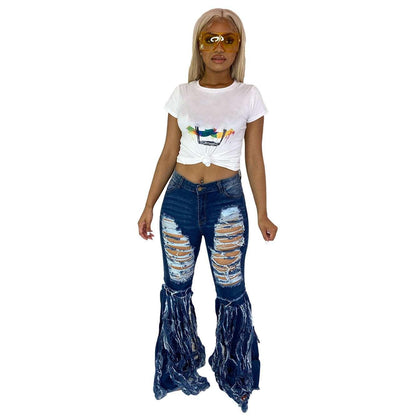 Denim Casual Ripped Jeans Flare Pants