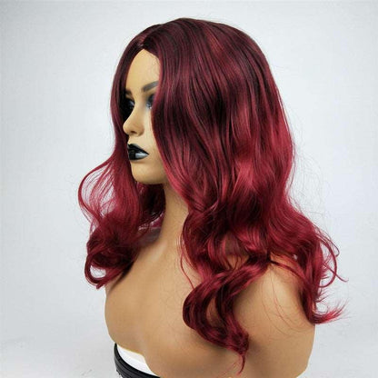 Burgundy Long Curly Hair Big Wavy Gradient Color Synthetic Wig - JWHL FASHION