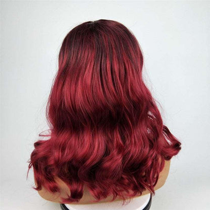 Burgundy Long Curly Hair Big Wavy Gradient Color Synthetic Wig - JWHL FASHION