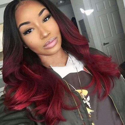 Burgundy Long Curly Hair Big Wavy Gradient Color Synthetic Wig - JWHL FASHION