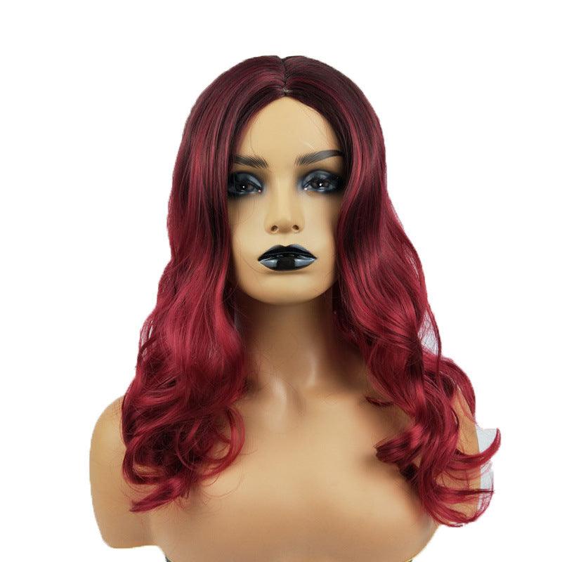 Burgundy Long Curly Hair Big Wavy Gradient Color Synthetic Wig - JWHL FASHION