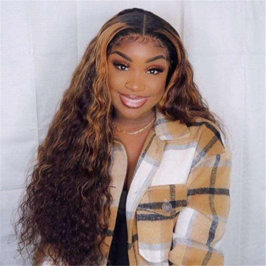 Brown Gradient Highlighting, Gold Center Point Long Curly High-Temperature Silk Wig