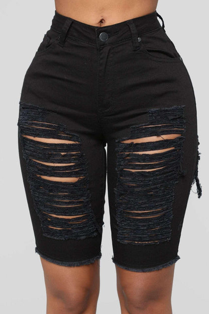 Denim Hot Style Black High-Waist Series Stretch Ripped Shorts