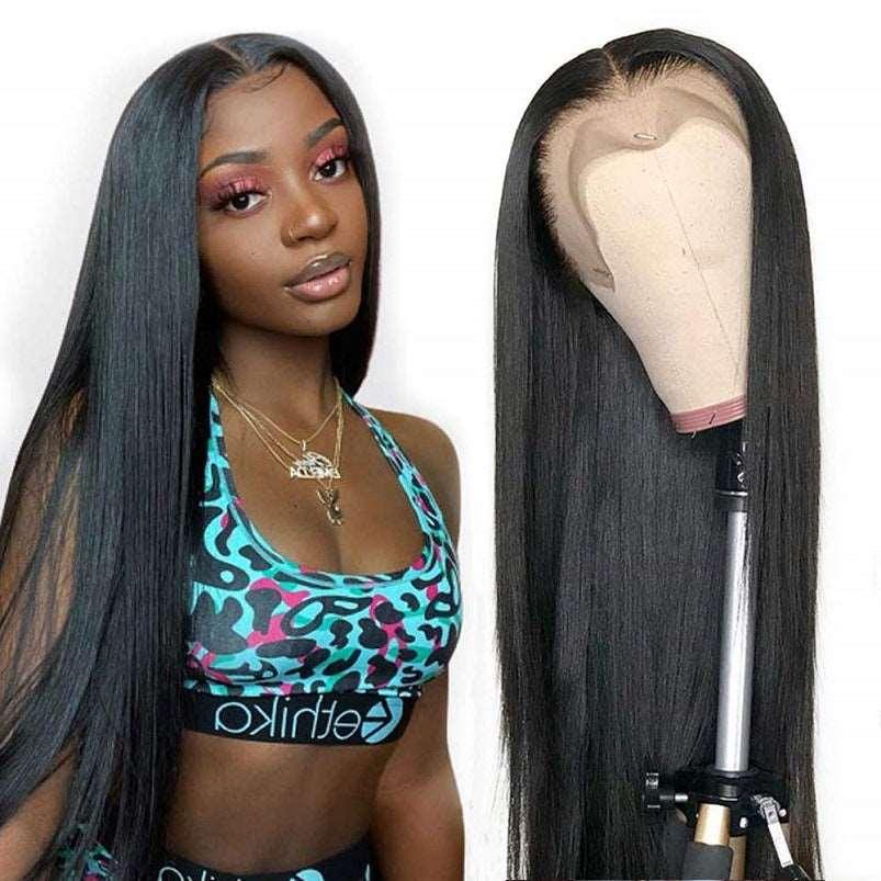 Black Front Lace Split Long Straight Hair Chemical Fiber Wig