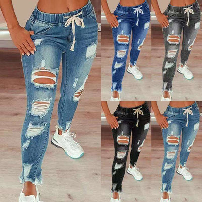 High Waist Ripped Elastic Waist Drawstring Jeans Women Trousers - JWHL FASHION