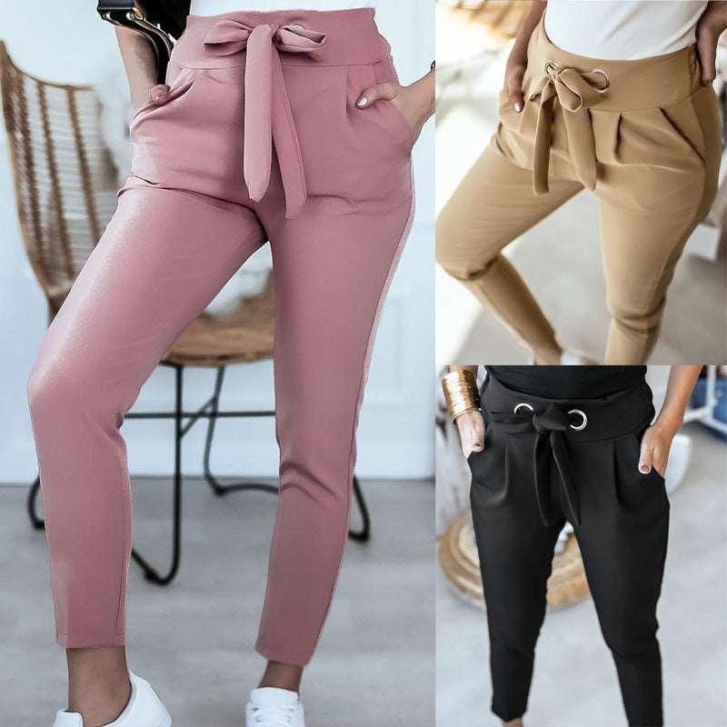 Casual, High-Waisted, Strappy Nine-Point Trousers