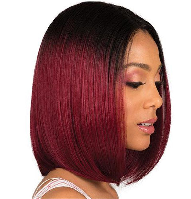 Short Straight Hair, Black Gradient Burgundy Synthetic Wig - JWHL FASHION