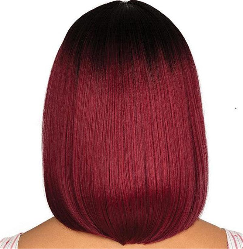 Short Straight Hair, Black Gradient Burgundy Synthetic Wig - JWHL FASHION