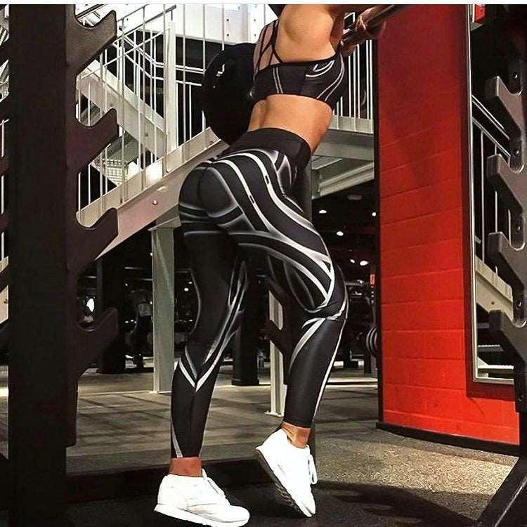 Black and white striped printed yoga pants