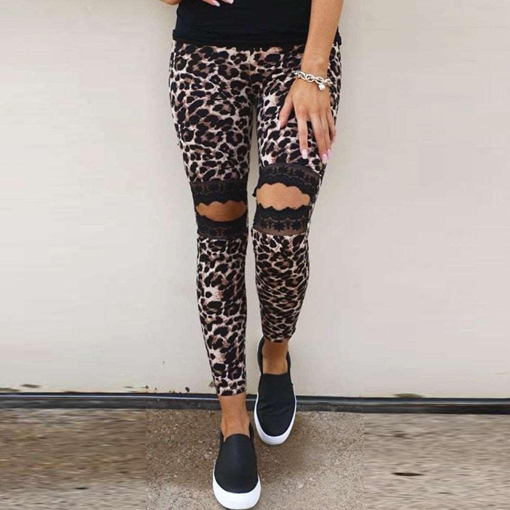 Casual hollow lace leopard print slim women's trousers