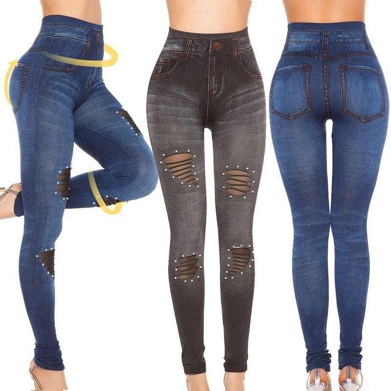 Cutout Mesh Studs Pearl Stretch Denim Leggings