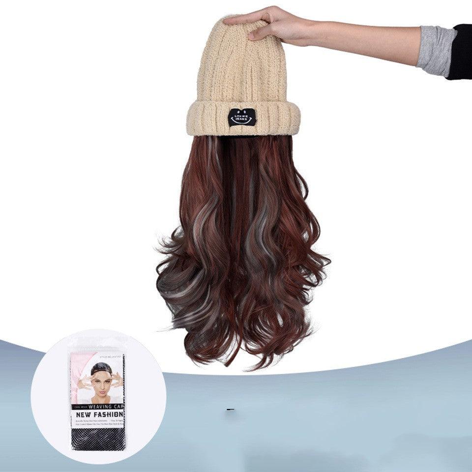 Beige Knit Pick Dye Gradient Long Curly Hair Hat Wig - JWHL FASHION