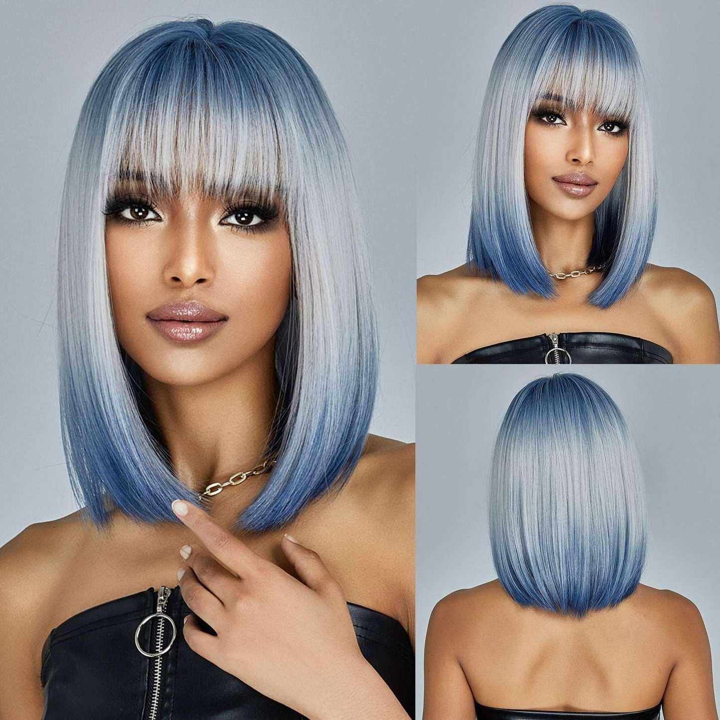 12. Gradient Blue Short Straight Hair Synthetic Wig