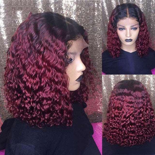 Burgundy Gradient Color, Front Lace Short Bob Human Hair Wig