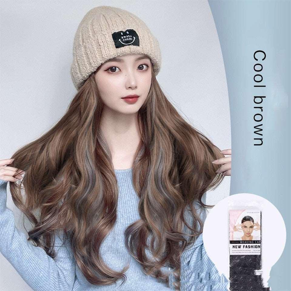 Beige Knit Pick Dye Gradient Long Curly Hair Hat Wig