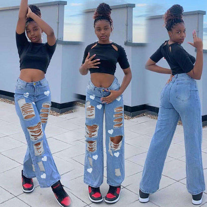 Fashion Trend Ripped Denim Straight-leg Pants - JWHL FASHION