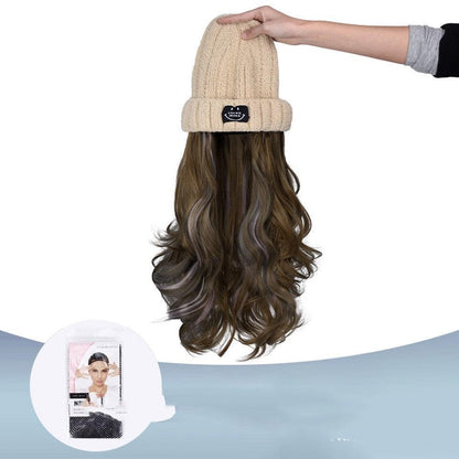 Beige Knit Pick Dye Gradient Long Curly Hair Hat Wig - JWHL FASHION