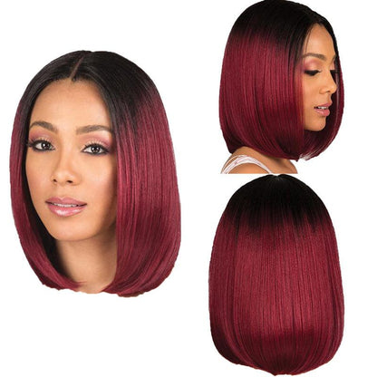 Mid-point black gradient red wine bob high-temperature silk wig - JWHL FASHION