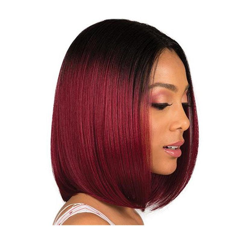 Mid-point black gradient red wine bob high-temperature silk wig - JWHL FASHION