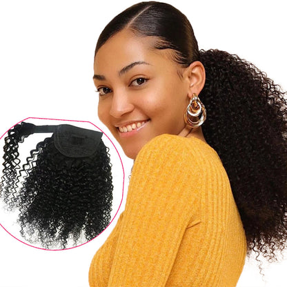 Kinky curly Human Hair Ponytail Velcro Natural Color