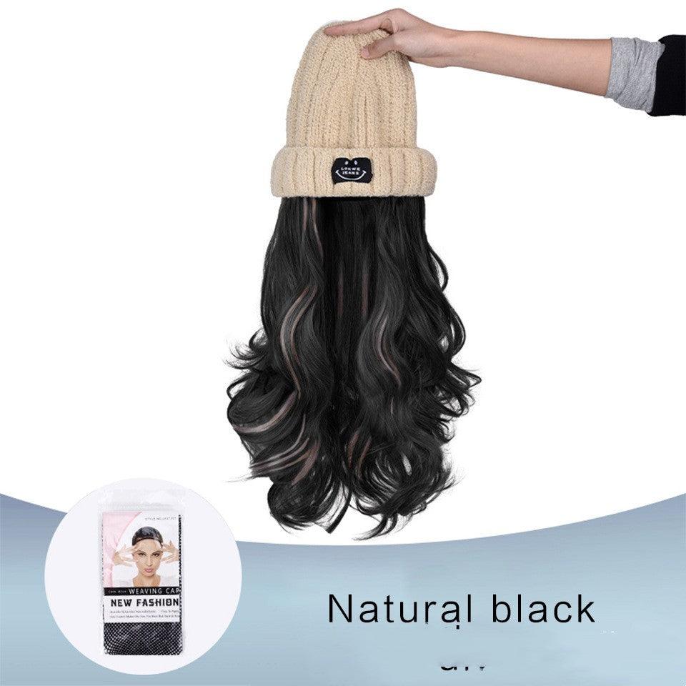 Beige Knit Pick Dye Gradient Long Curly Hair Hat Wig - JWHL FASHION