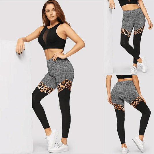 Grey And Black Plus Leopard Print Stitching Polyester Fiber Leggings - JWHL FASHION