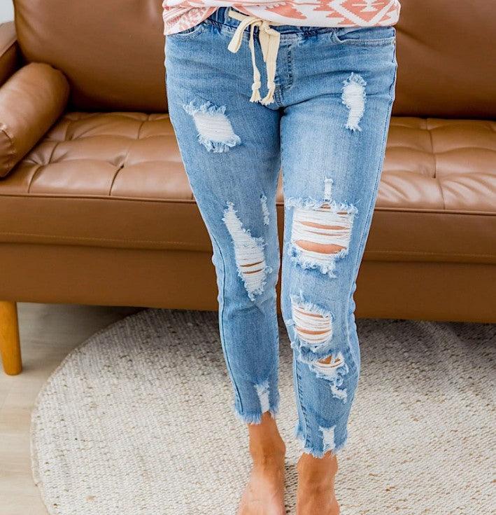 Women's High Waist Ripped Elastic Waist Jeans - JWHL FASHION