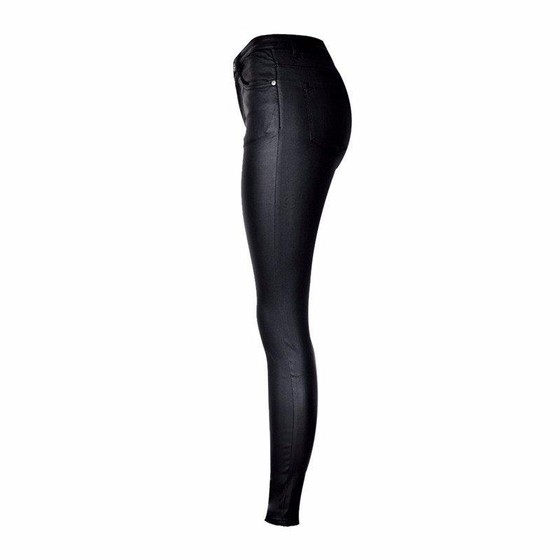 High waist slim stretch coated faux leather pants or trousers - JWHL FASHION