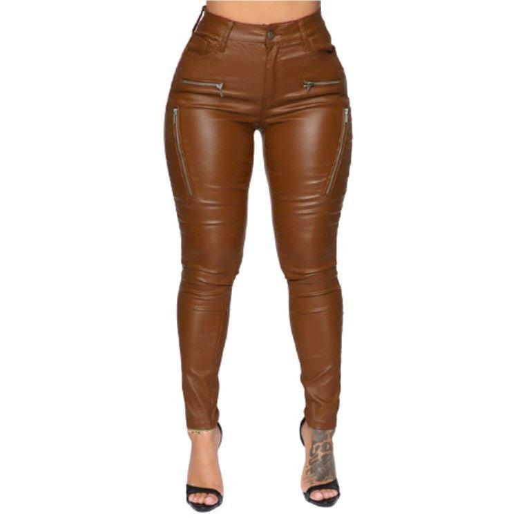 Zippered Mid-rise Leather Pants or Trousers - JWHL FASHION