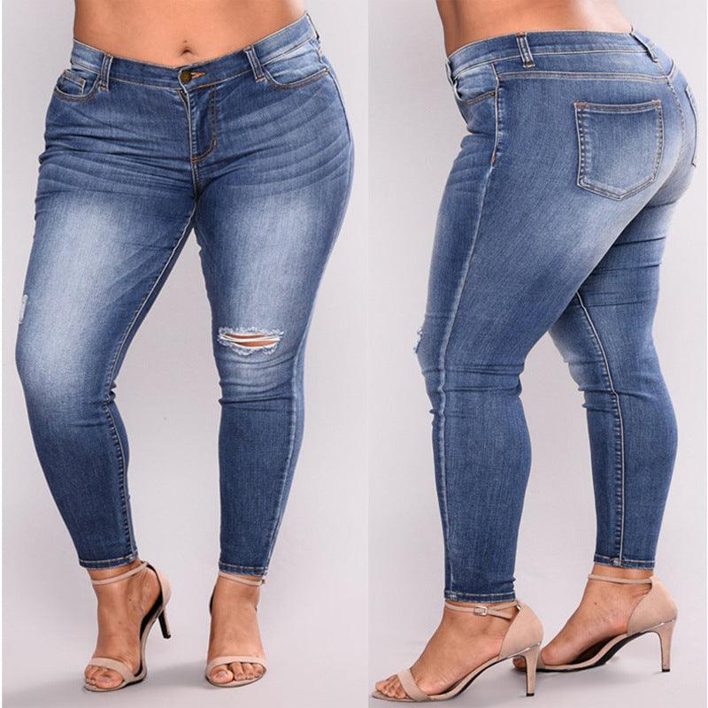 Large size hole high elastic jeans women's feet pants - JWHL FASHION