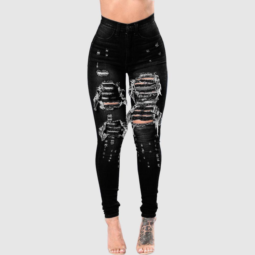 Women's Ripped Denim Washed Denim Pants - JWHL FASHION