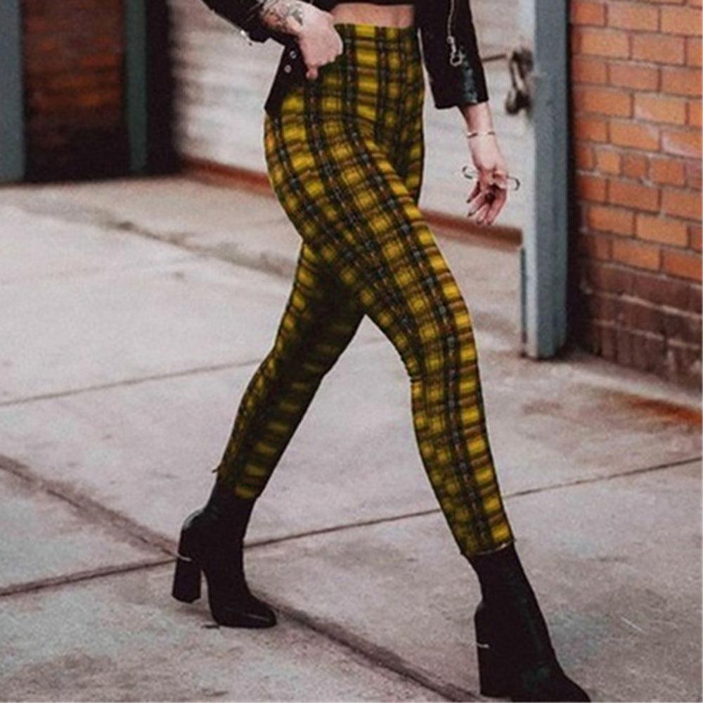 Plaid high waist leggings women casual pants - JWHL FASHION