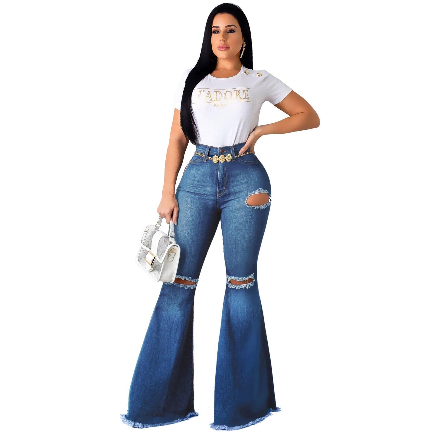 Ripped and ripped wide leg flared trousers - JWHL FASHION