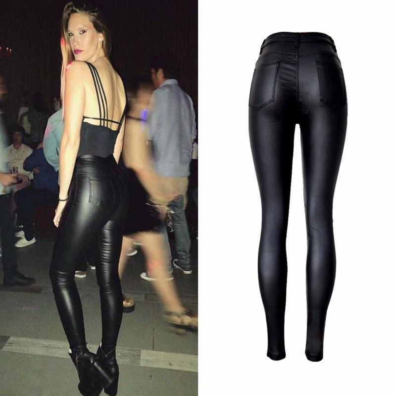 High waist slim stretch coated faux leather pants or trousers - JWHL FASHION