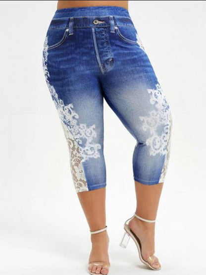 Imitation Denim Lace Stitching Print Leggings Woman - JWHL FASHION