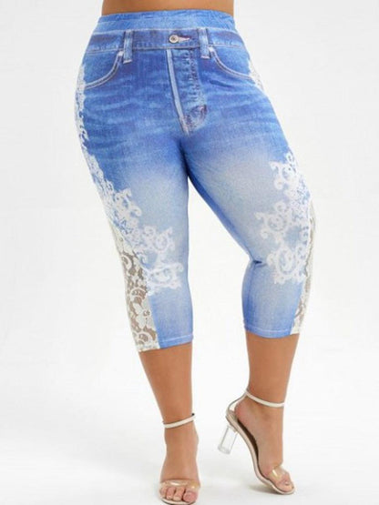 Imitation Denim Lace Stitching Print Leggings Woman - JWHL FASHION