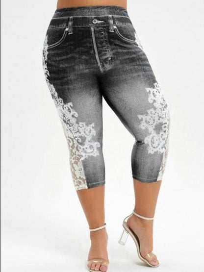 Imitation Denim Lace Stitching Print Leggings Woman - JWHL FASHION