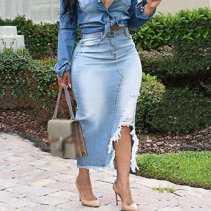 Plus Size Women's Fashion High Waist Ripped Denim Skirt - JWHL FASHION