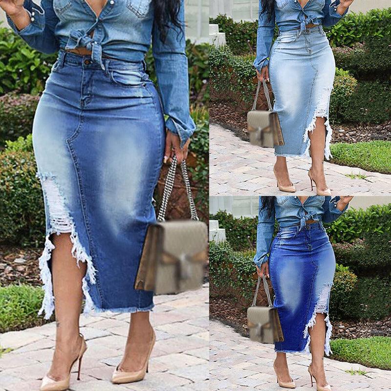 Plus Size Women's Fashion High Waist Ripped Denim Skirt - JWHL FASHION