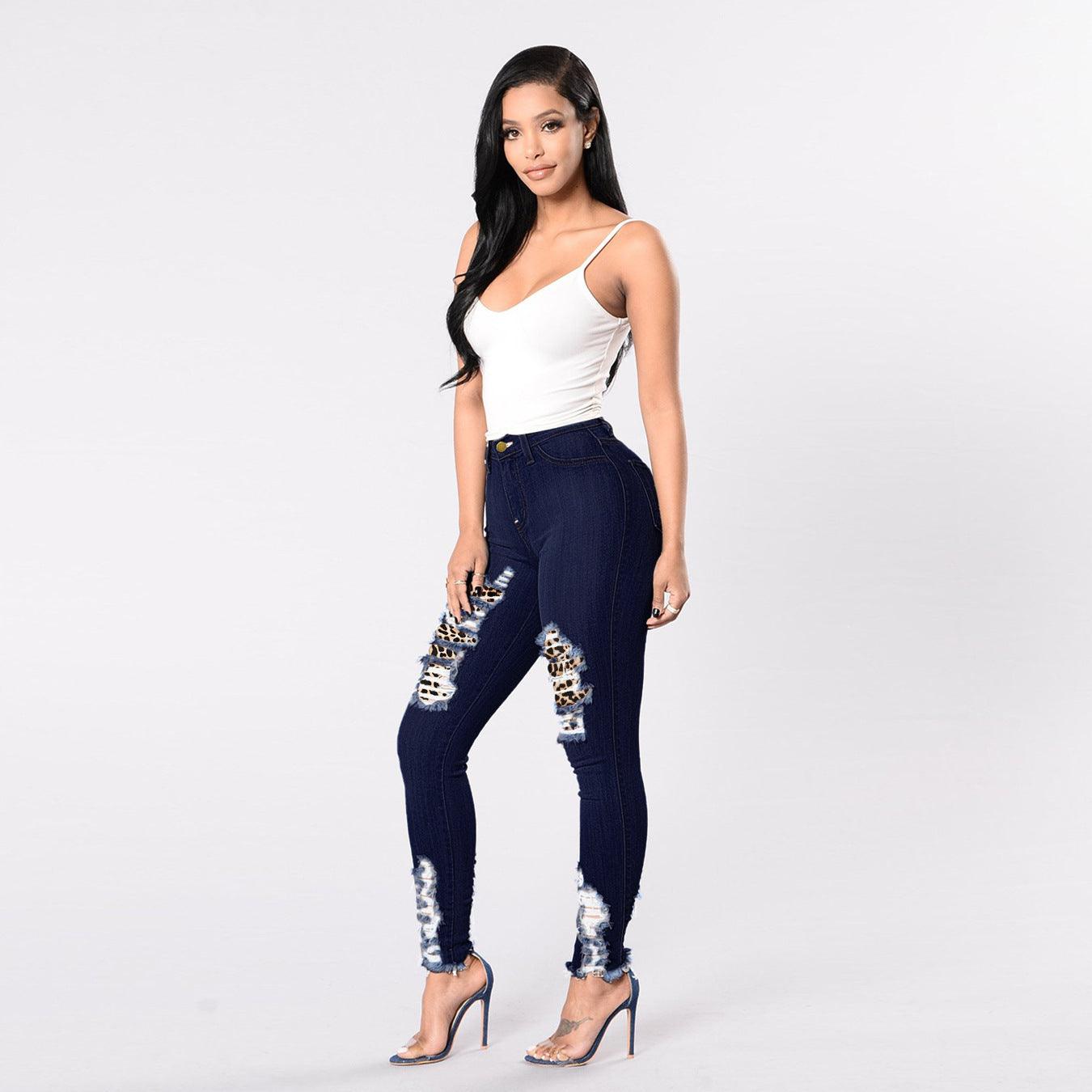 Leopard-Print Stitching Denim Slim-Fit Trousers - JWHL FASHION