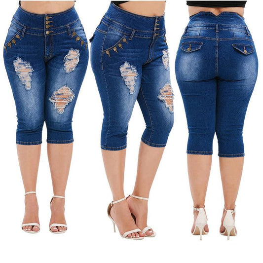 Large Size High-waist Denim Five-point Pants - JWHL FASHION